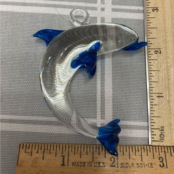 Dolphin Hand Blown Glass Clear & Blue Sun Catcher 2-5/8” x 3” Hanging Ornament - Picture 4 of 6